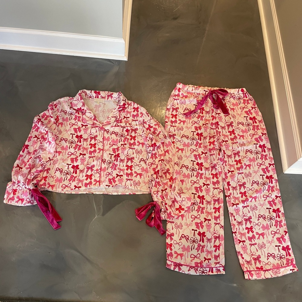 Simply Southern Pink Bow Satin Pajama Set 2XL Velvet Tie Cuffs Loungewear 2 pc